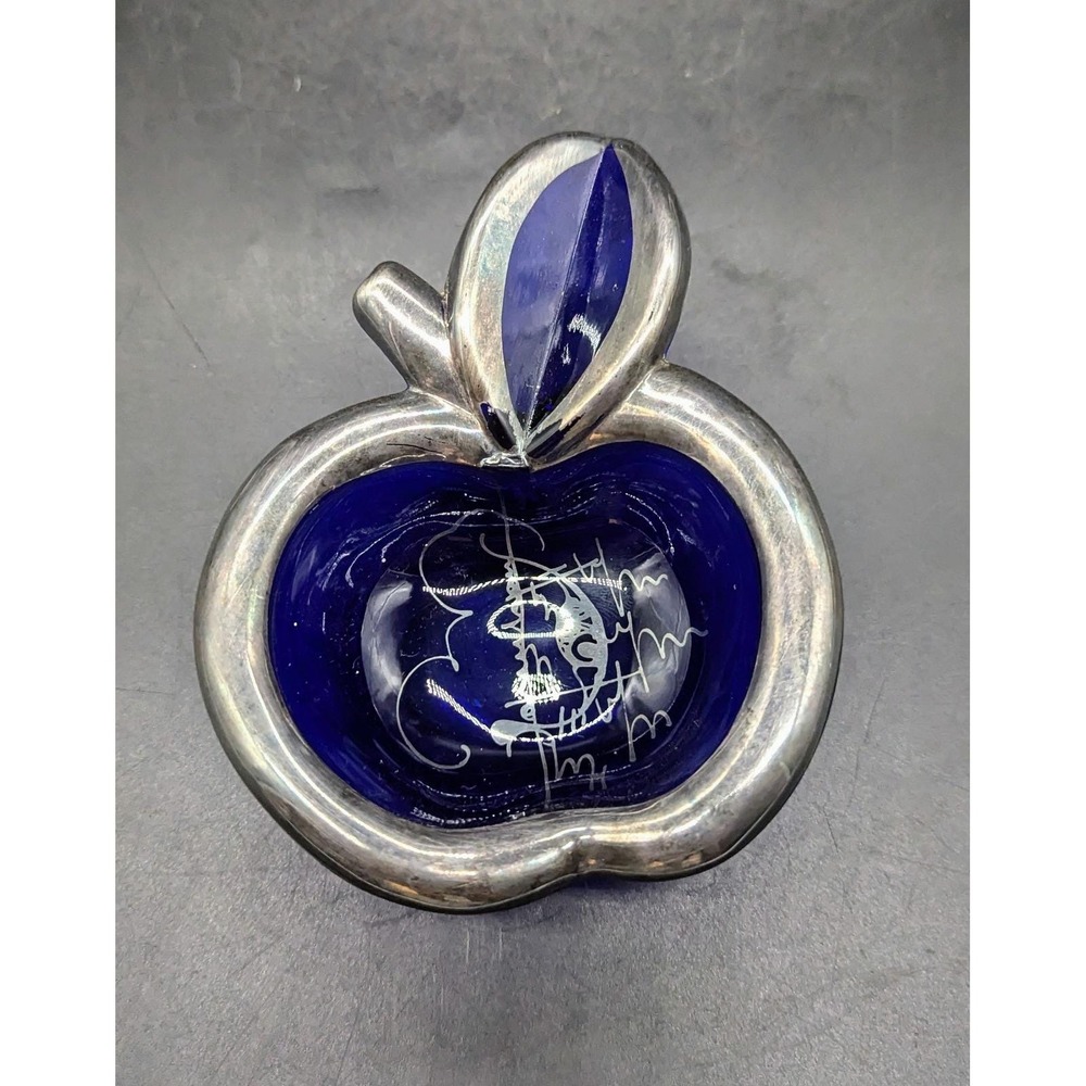 Vintage Cobalt Blue Glass Apple Trinket Dish Ashtray Silver Overlay 5"